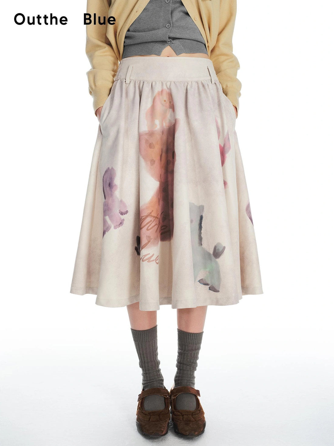 OuttheBlue Vintage Flared Cat Doll Paradise Midi Skirt