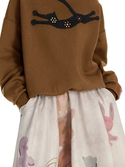 OuttheBlue Vintage Flared Cat Doll Paradise Midi Skirt