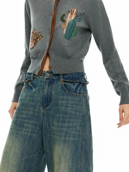 OuttheBlue Vintage Floral Cactus Knit Cardigan Skirt Set