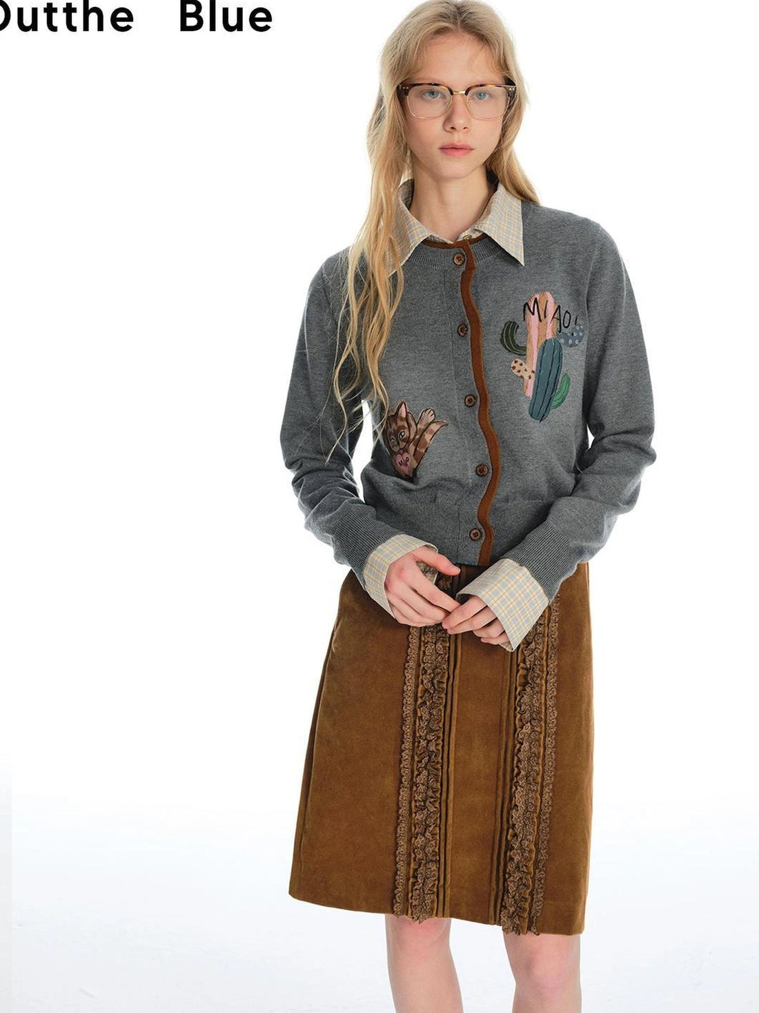 OuttheBlue Vintage Floral Cactus Knit Cardigan Skirt Set