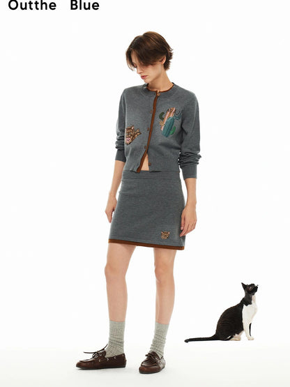 OuttheBlue Vintage Floral Cactus Knit Cardigan Skirt Set