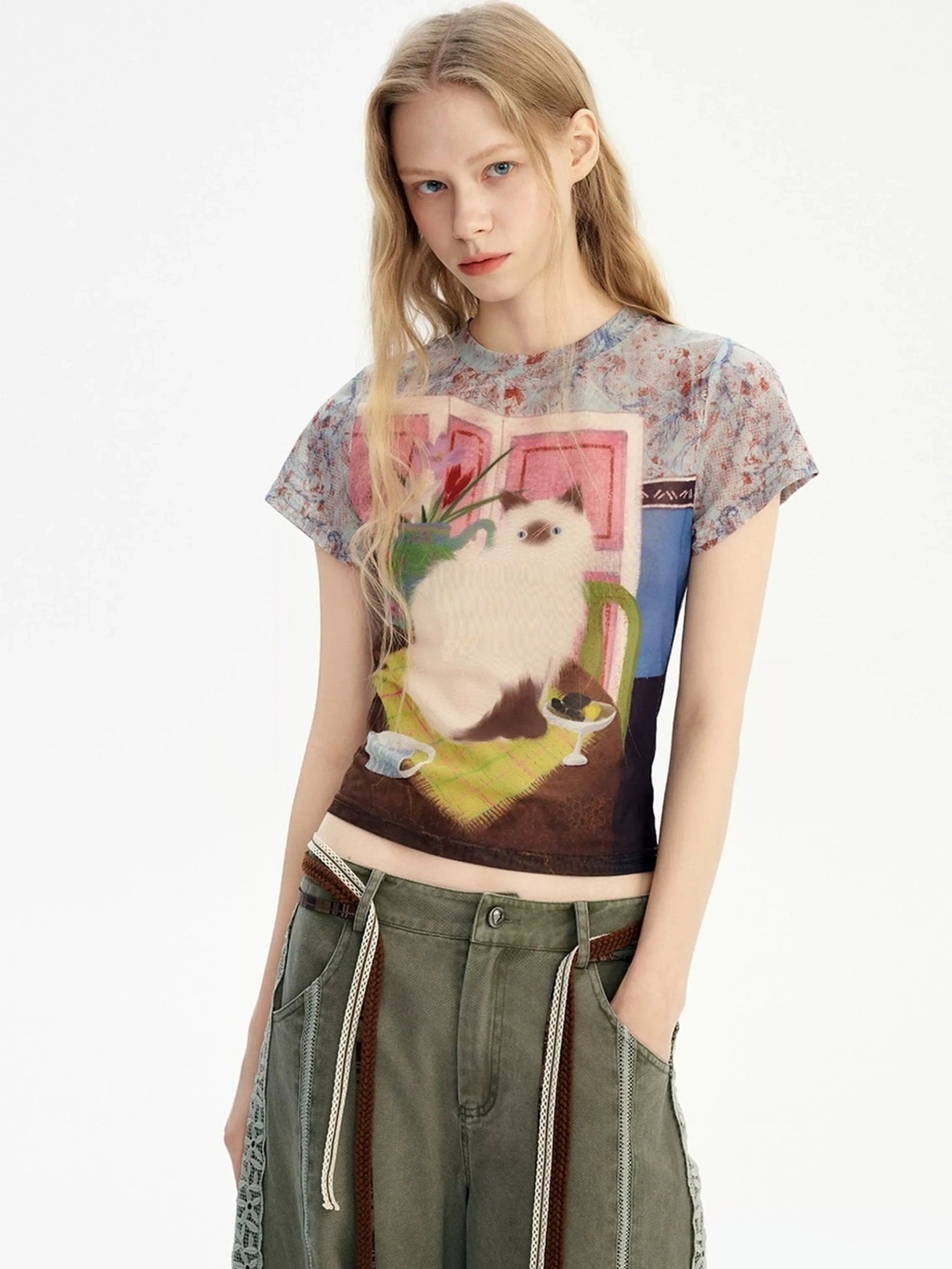 OuttheBlue Vintage Floral Cat Print Summer T-shirt