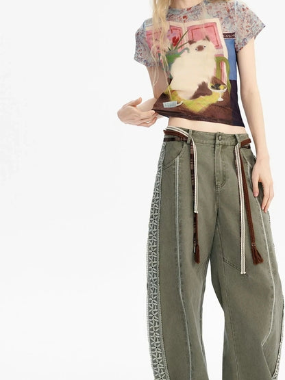 OuttheBlue Vintage Floral Cat Print Summer T-shirt