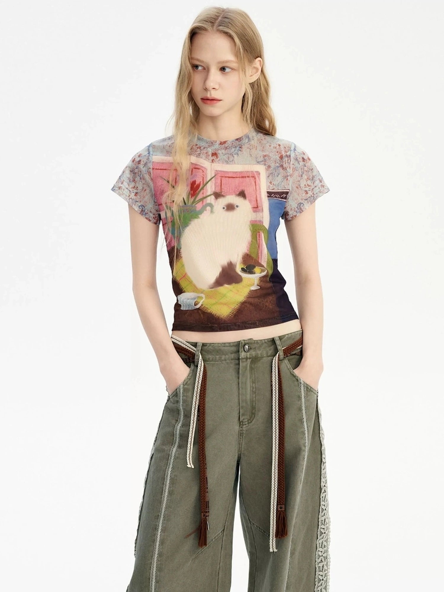 OuttheBlue Vintage Floral Cat Print Summer T-shirt