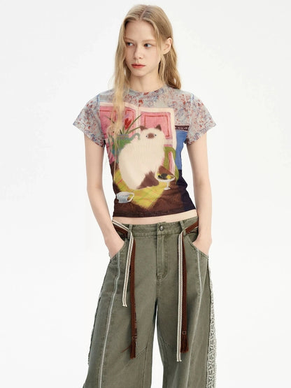 OuttheBlue Vintage Floral Cat Print Summer T-shirt