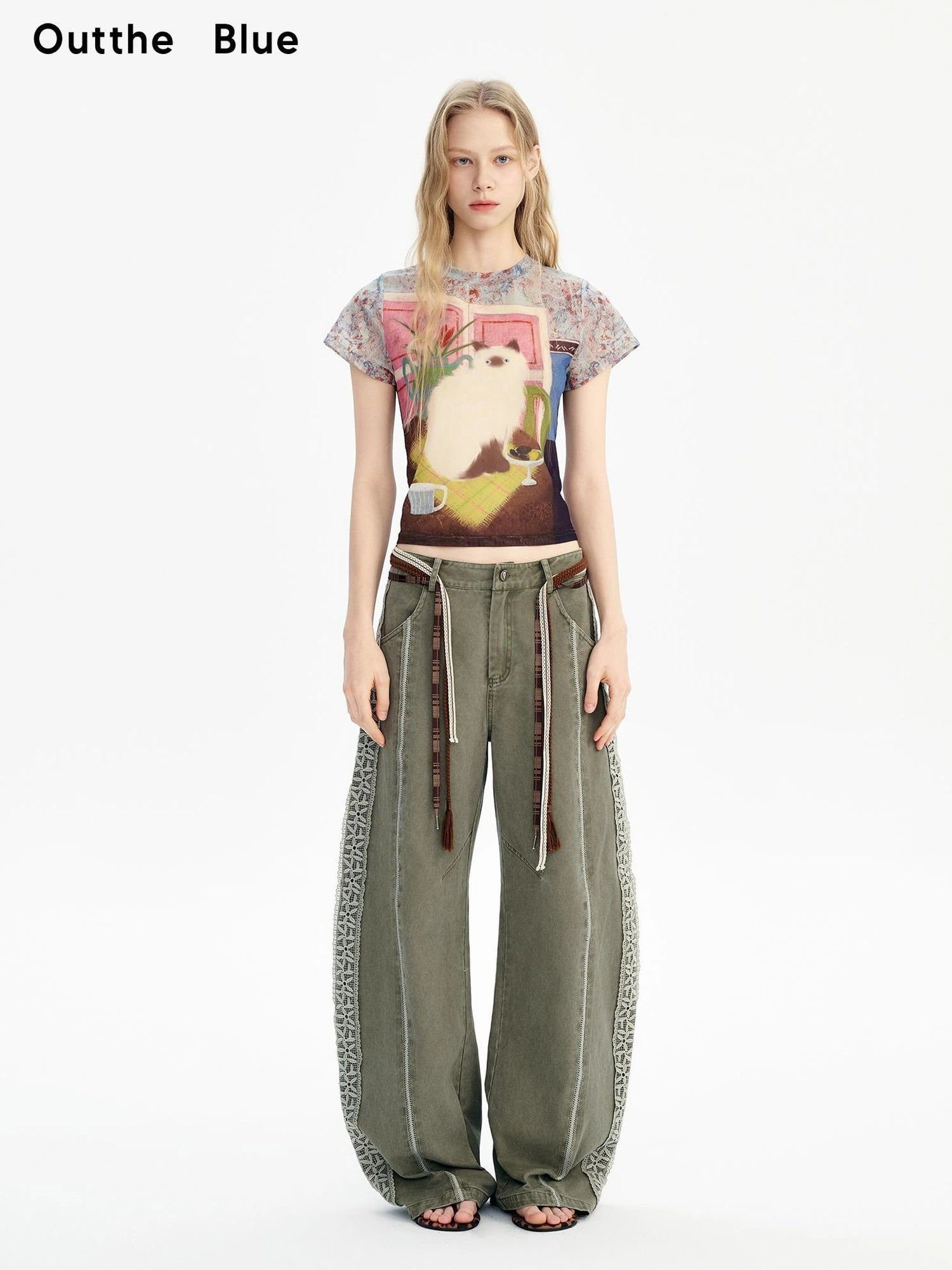 OuttheBlue Vintage Floral Cat Print Summer T-shirt