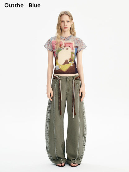 OuttheBlue Vintage Floral Cat Print Summer T-shirt
