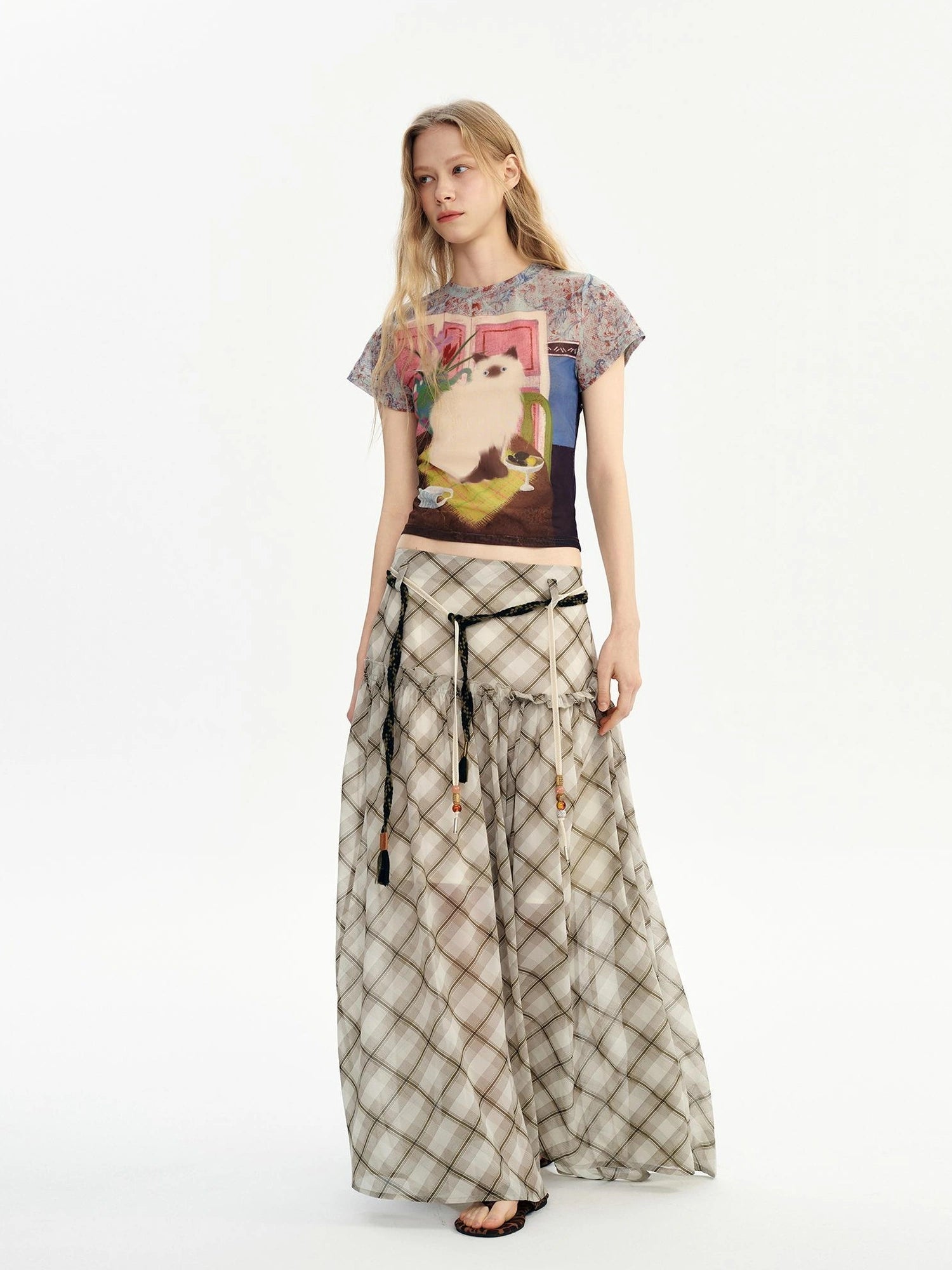 OuttheBlue Vintage Floral Cat Print Summer T-shirt