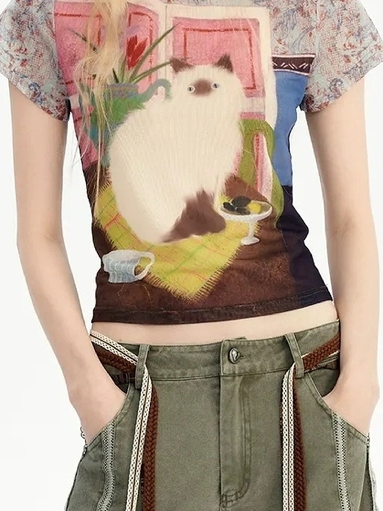 OuttheBlue Vintage Floral Cat Print Summer T-shirt Set