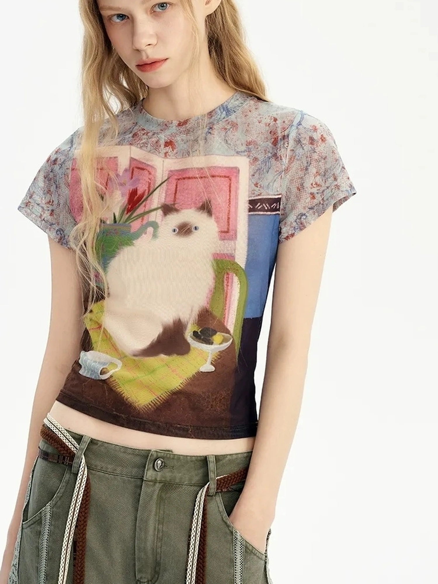 OuttheBlue Vintage Floral Cat Print Summer T-shirt Set