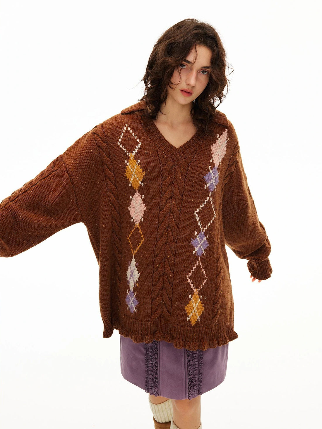 OuttheBlue Vintage Geometric V-neck Wool Blend Sweater
