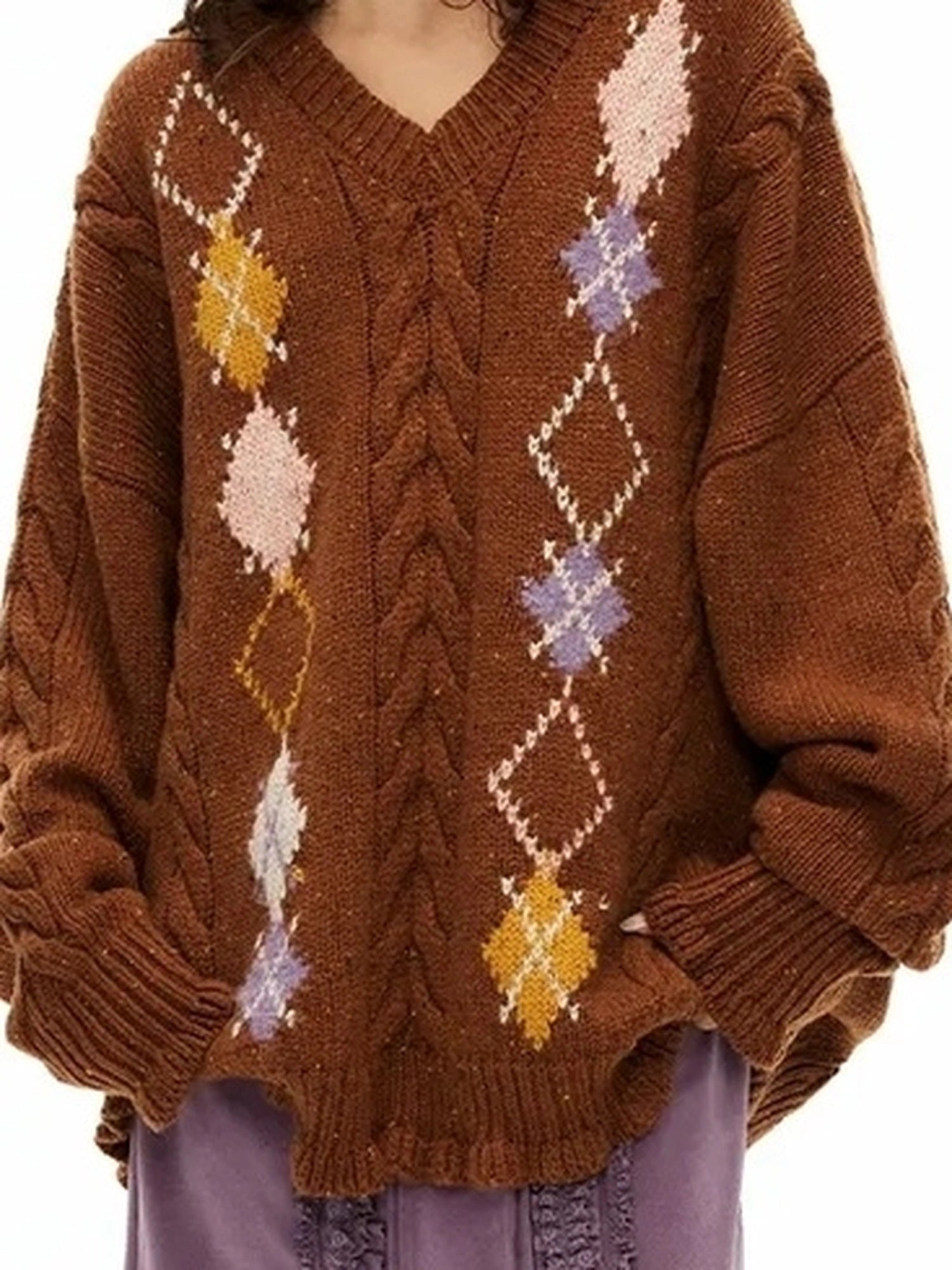 OuttheBlue Vintage Geometric V-neck Wool Blend Sweater