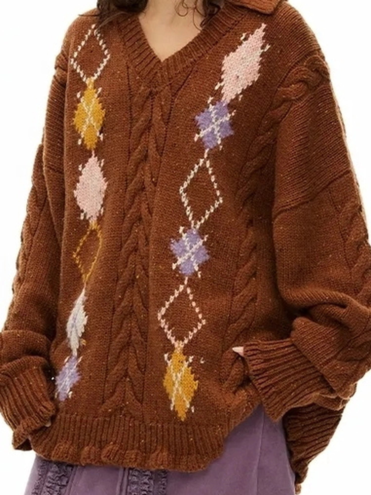 OuttheBlue Vintage Geometric V-neck Wool Blend Sweater