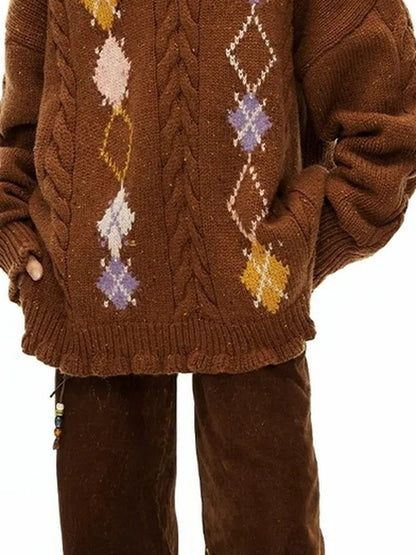 OuttheBlue Vintage Geometric V-neck Wool Blend Sweater