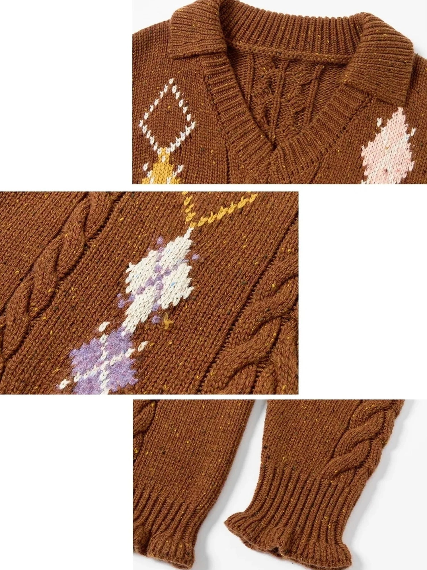 OuttheBlue Vintage Geometric V-neck Wool Blend Sweater