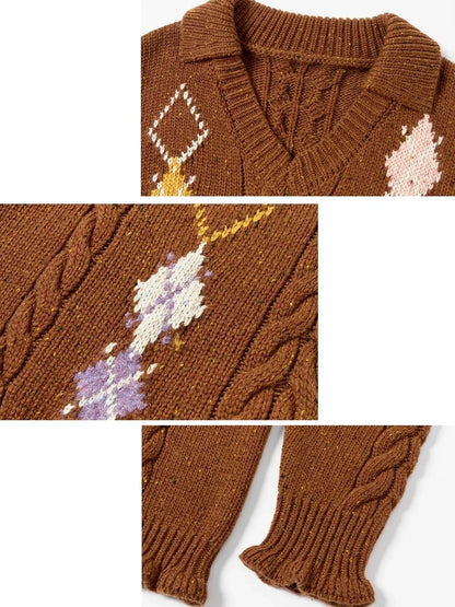OuttheBlue Vintage Geometric V-neck Wool Blend Sweater