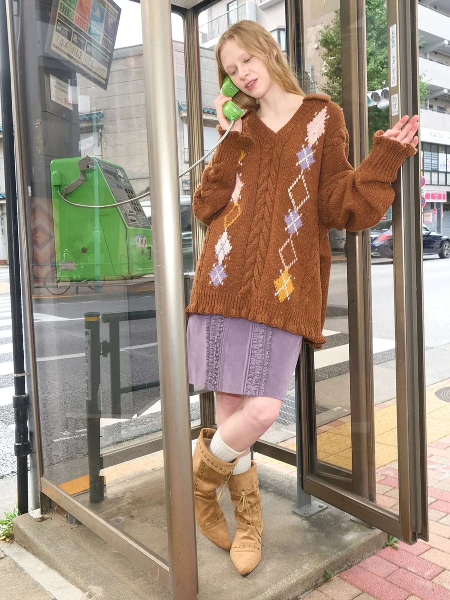 OuttheBlue Vintage Geometric V-neck Wool Blend Sweater
