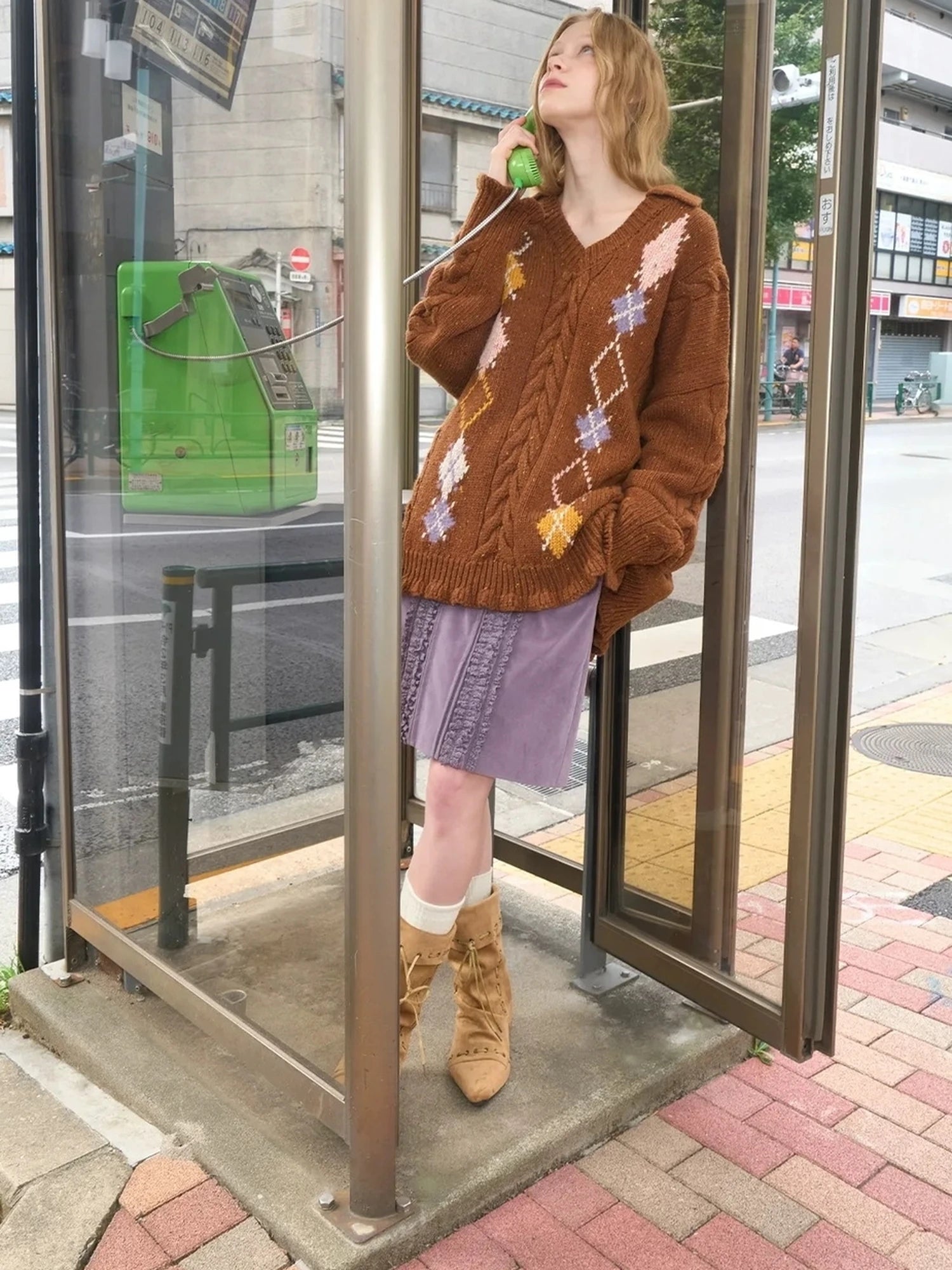 OuttheBlue Vintage Geometric V-neck Wool Blend Sweater