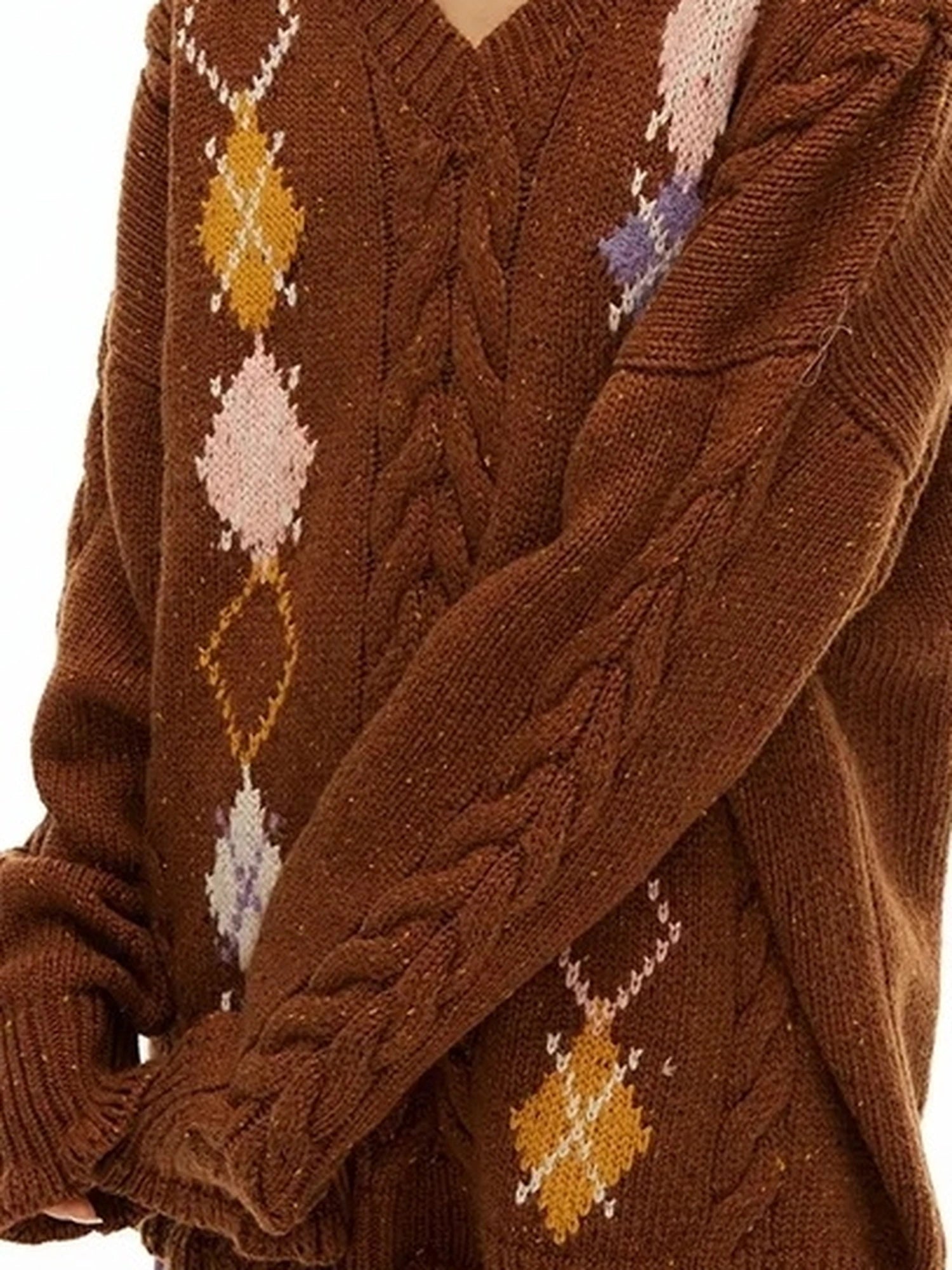 OuttheBlue Vintage Geometric V-neck Wool Blend Sweater