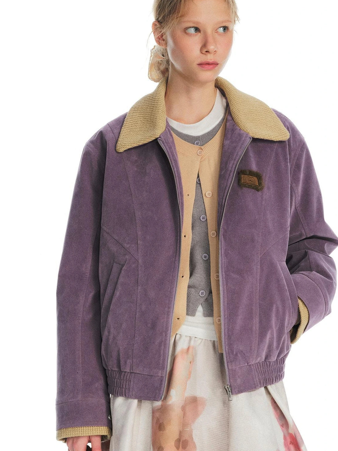 OuttheBlue Vintage Knit Trimmed Gray Purple Suede Cotton Jacket