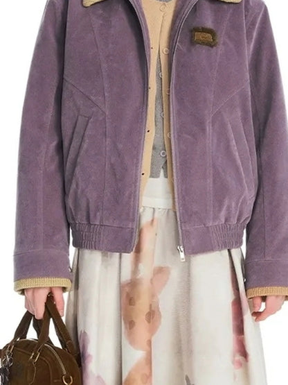 OuttheBlue Vintage Knit Trimmed Gray Purple Suede Cotton Jacket