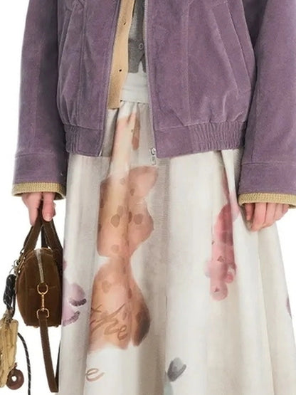 OuttheBlue Vintage Knit Trimmed Gray Purple Suede Cotton Jacket