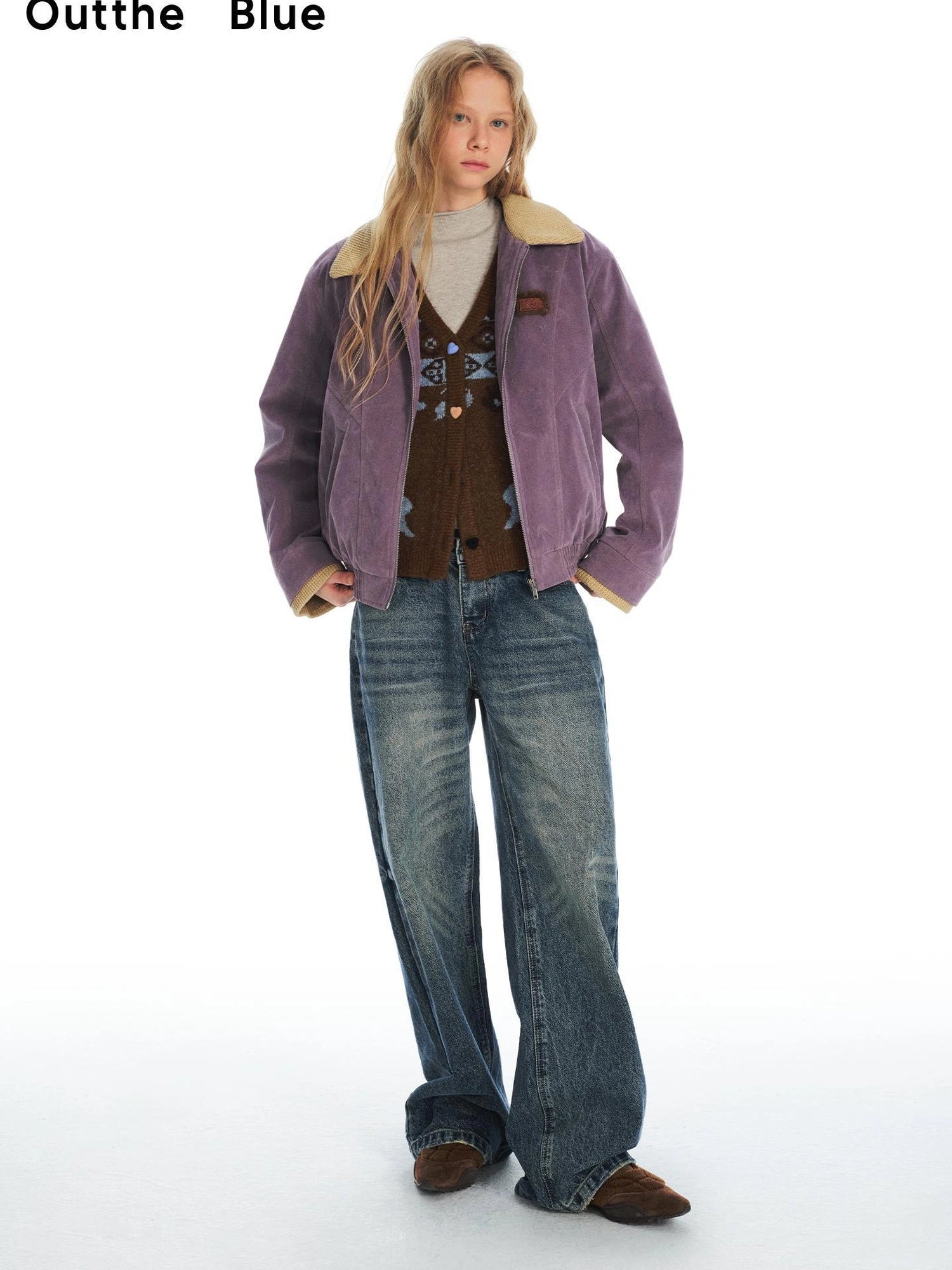 OuttheBlue Vintage Knit Trimmed Gray Purple Suede Cotton Jacket