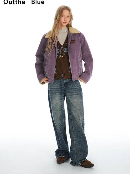 OuttheBlue Vintage Knit Trimmed Gray Purple Suede Cotton Jacket