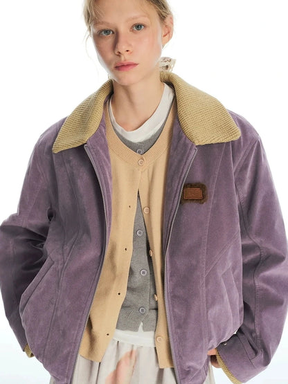 OuttheBlue Vintage Knit Trimmed Gray Purple Suede Cotton Jacket