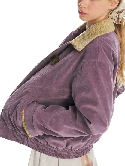 OuttheBlue Vintage Knit Trimmed Gray Purple Suede Cotton Jacket