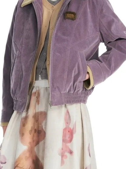 OuttheBlue Vintage Knit Trimmed Gray Purple Suede Cotton Jacket