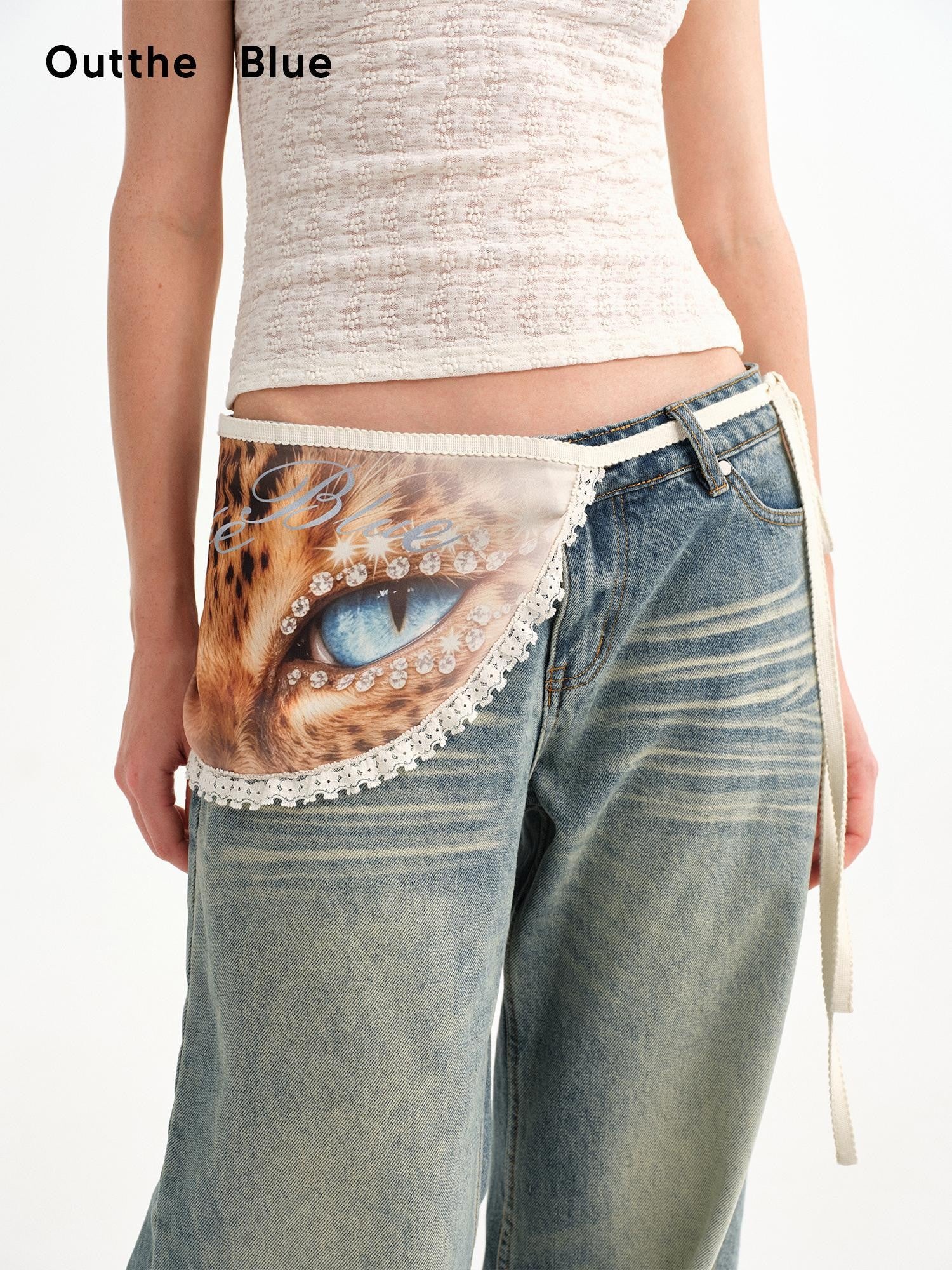 OuttheBlue Vintage Leopard Eye Print Lace Waist Ornament Women&
