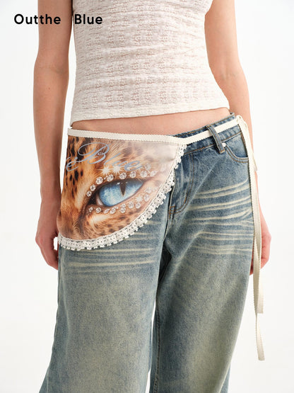 OuttheBlue Vintage Leopard Eye Print Lace Waist Ornament Women&