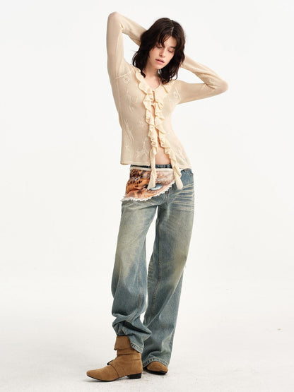 OuttheBlue Vintage Leopard Eye Print Lace Waist Ornament Women&