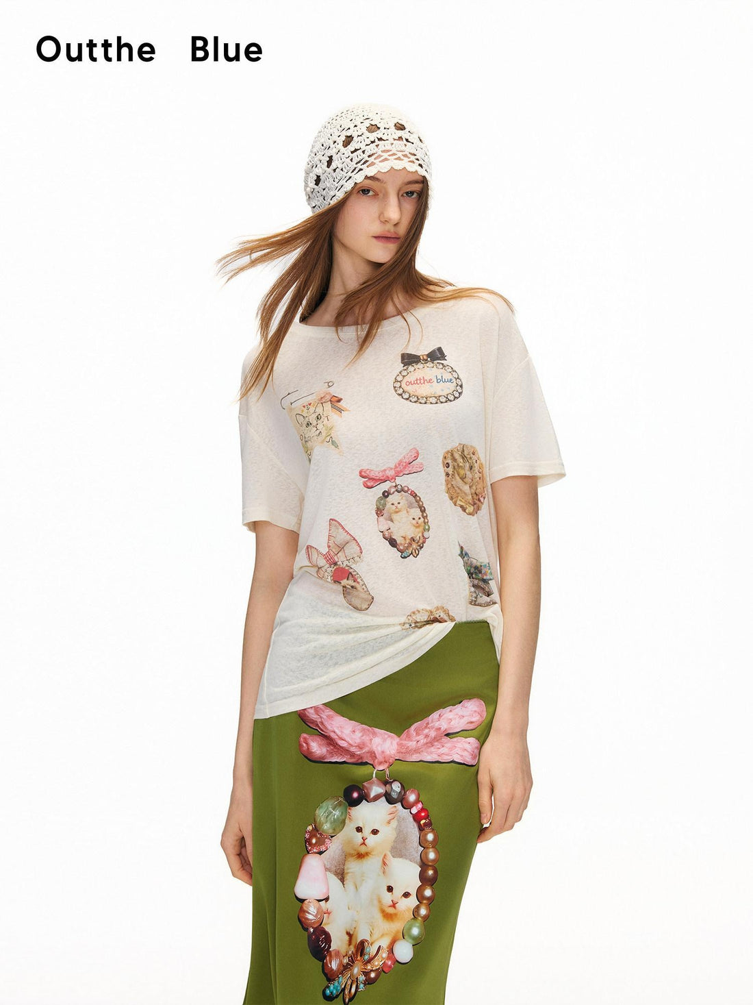 OuttheBlue Vintage Lyocell Printed Loose Fit Womens Beige Round Neck Short Sleeve T-Shirts