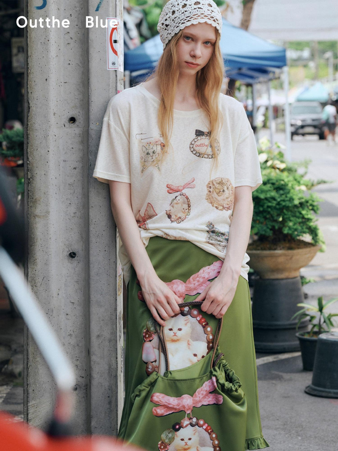OuttheBlue Vintage Lyocell Printed Loose Fit Womens Beige Round Neck Short Sleeve T-Shirts