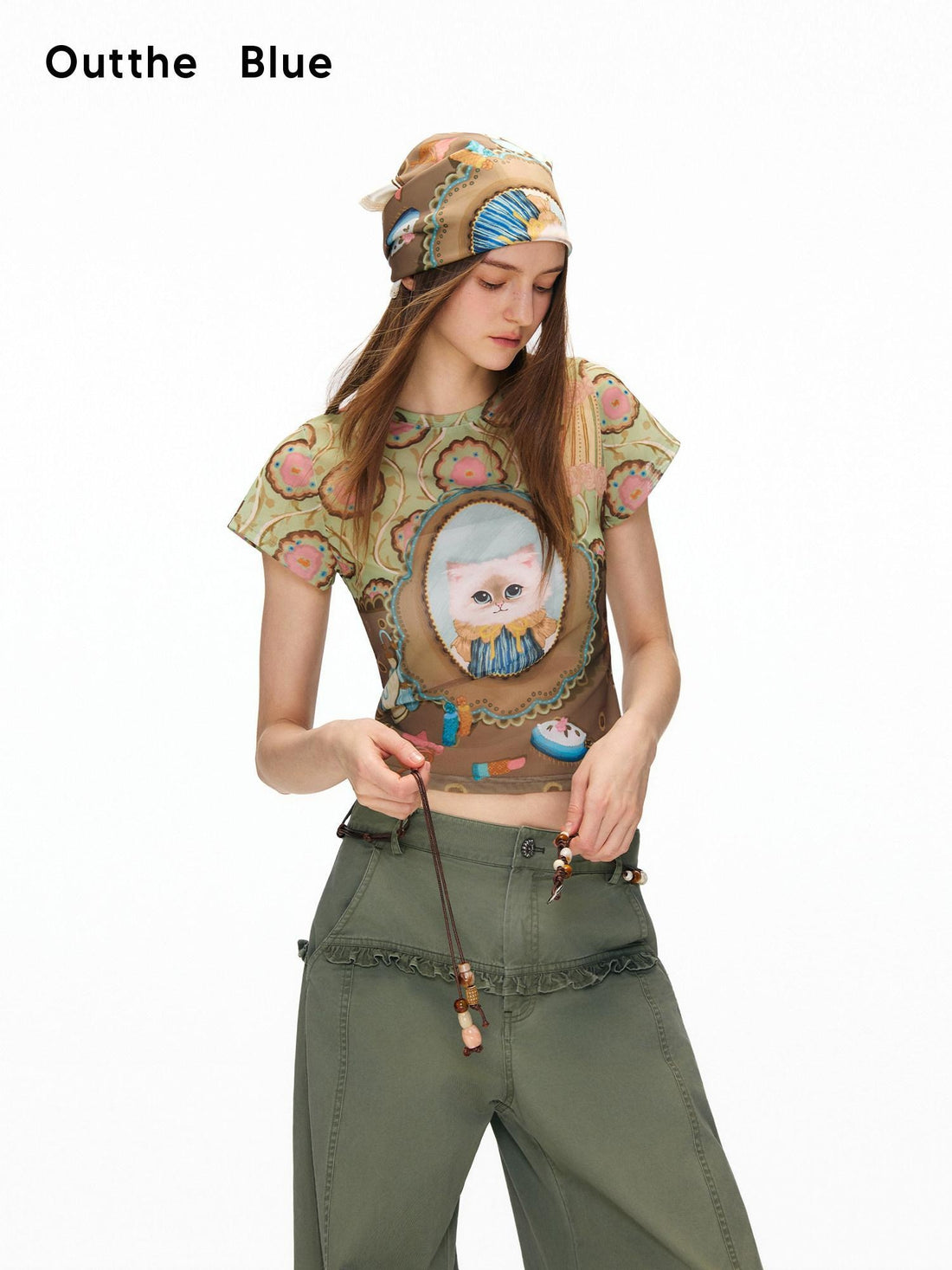 OuttheBlue Vintage Mesh Cropped Slim Waist Animal Print Light Green Short Sleeve T-Shirts