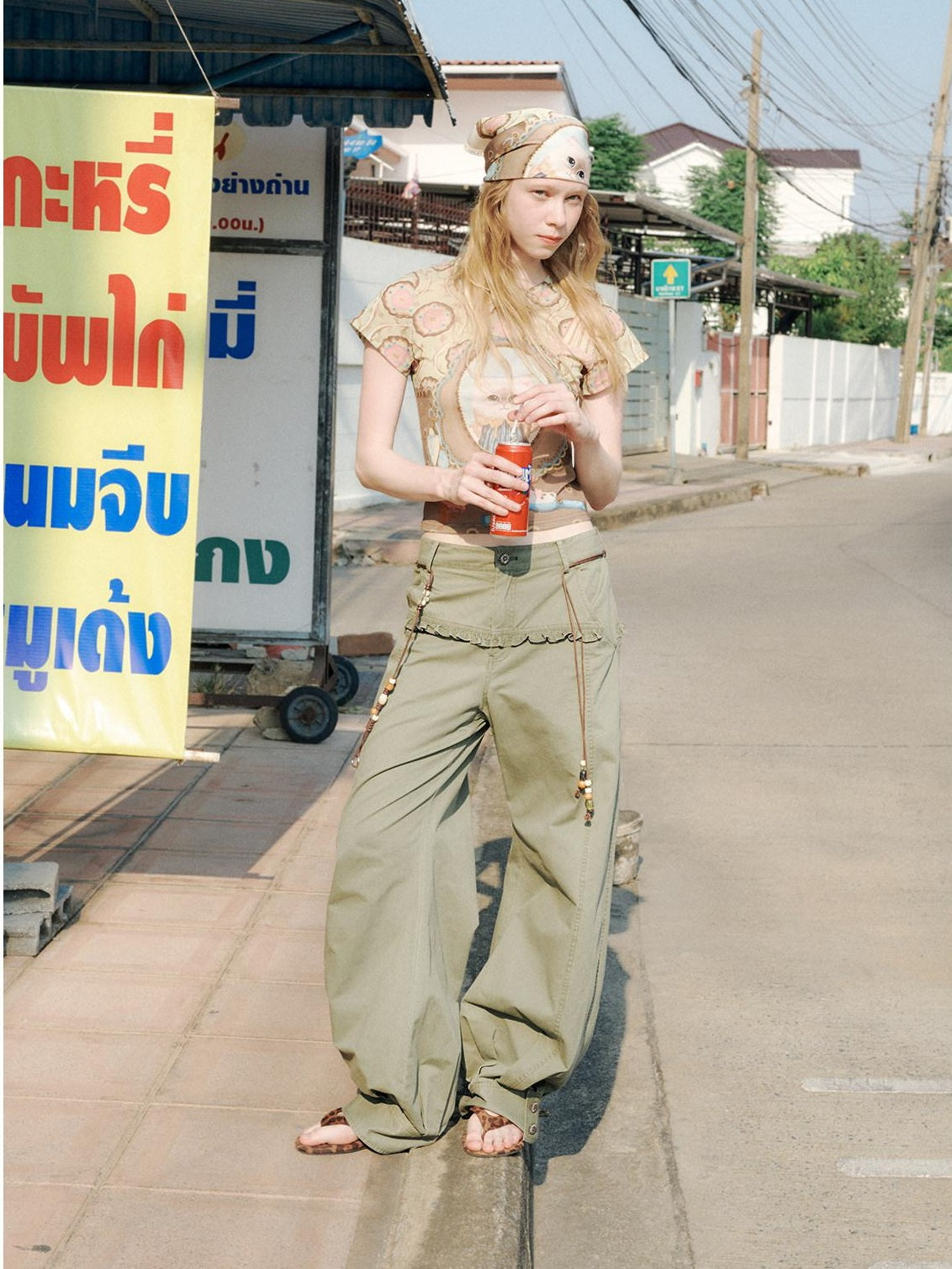 OuttheBlue Vintage Mesh Cropped Slim Waist Animal Print Light Green Short Sleeve T-Shirts
