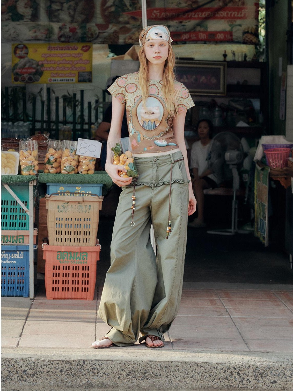 OuttheBlue Vintage Mesh Cropped Slim Waist Animal Print Light Green Short Sleeve T-Shirts