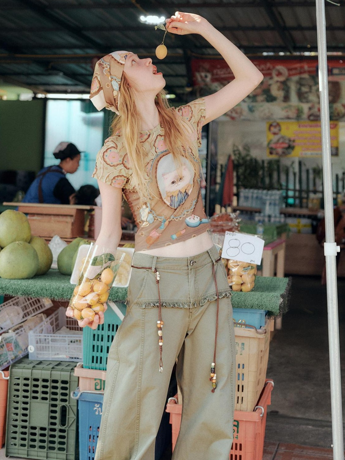 OuttheBlue Vintage Mesh Cropped Slim Waist Animal Print Light Green Short Sleeve T-Shirts