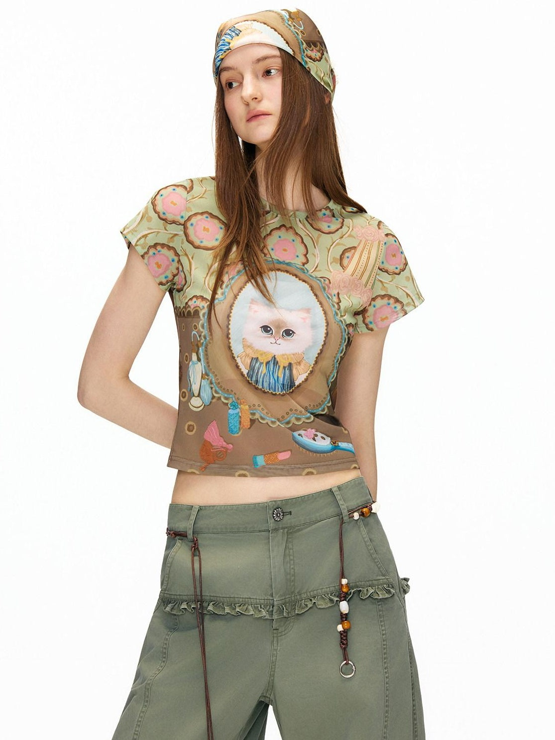 OuttheBlue Vintage Mesh Cropped Slim Waist Animal Print Light Green Short Sleeve T-Shirts