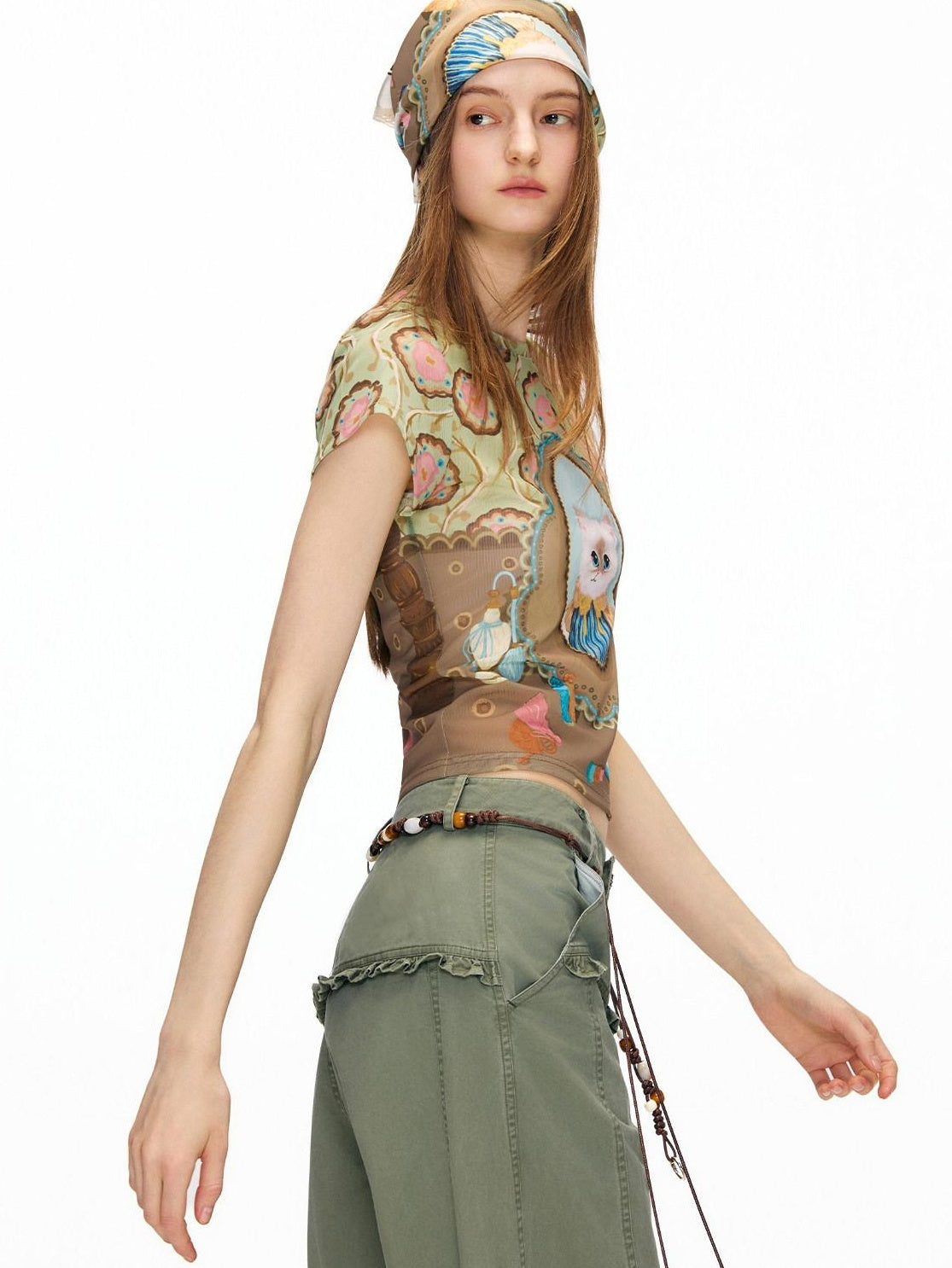 OuttheBlue Vintage Mesh Cropped Slim Waist Animal Print Light Green Short Sleeve T-Shirts