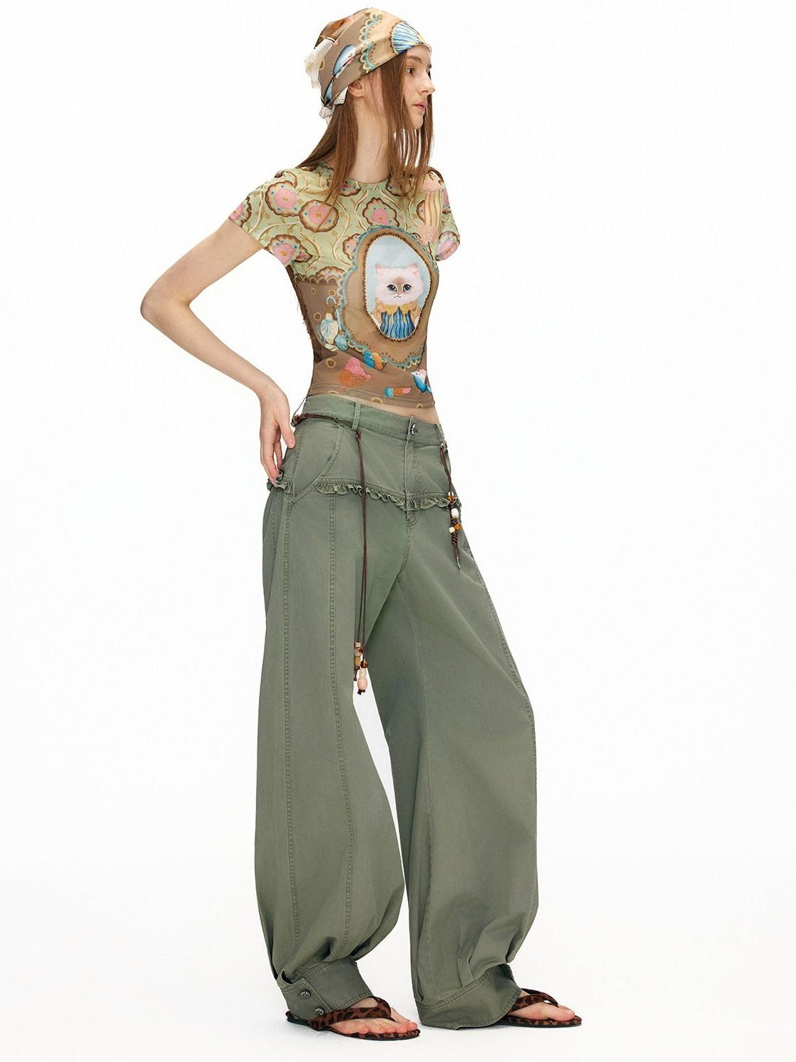 OuttheBlue Vintage Mesh Cropped Slim Waist Animal Print Light Green Short Sleeve T-Shirts