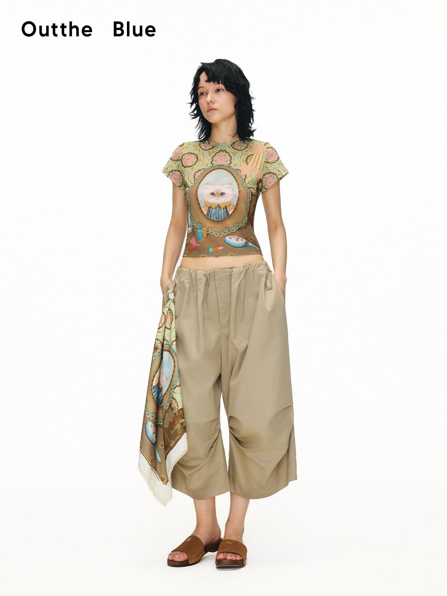 OuttheBlue Vintage Mesh Cropped Slim Waist Animal Print Light Green Short Sleeve T-Shirts