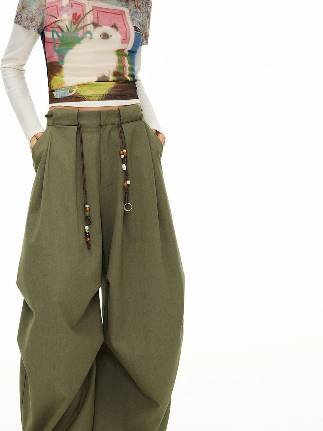 Vintage Olive Green Wide Leg Cargo Trousers