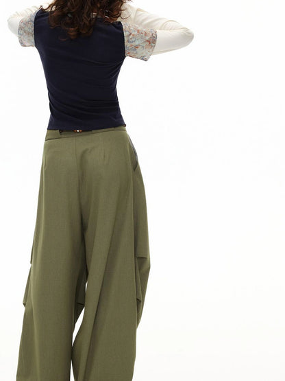 Vintage Olive Green Wide Leg Cargo Trousers