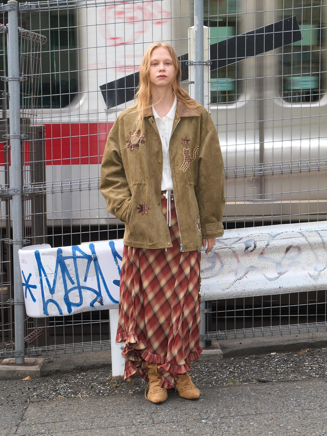 OuttheBlue Vintage Oversized Floral Midlength Lapel Button Multi Pocket Suede Green Jackets