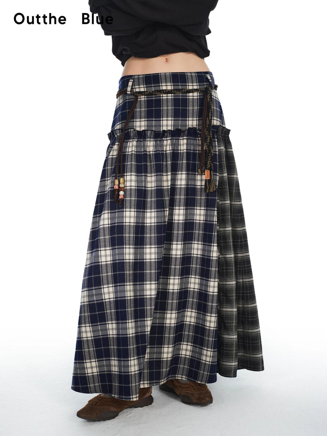 OuttheBlue Vintage Patchwork Plaid Flounce Midi Skirt