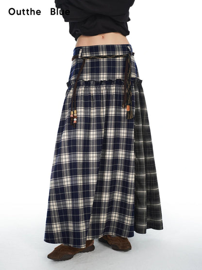OuttheBlue Vintage Patchwork Plaid Flounce Midi Skirt