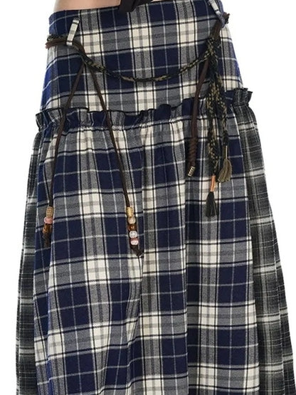 OuttheBlue Vintage Patchwork Plaid Flounce Midi Skirt